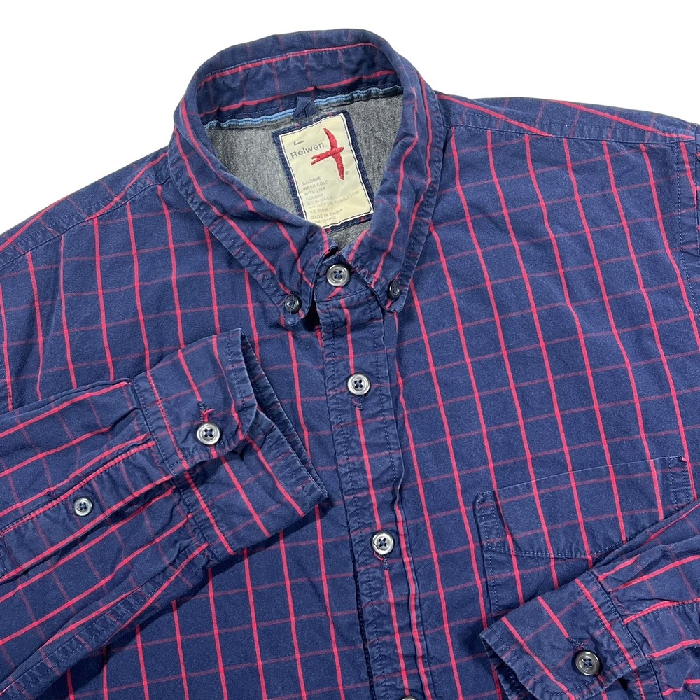 Relwen Slim Fit Button Down Shirt Mens Large Navy Red Grid Jersey Lined *Flaw